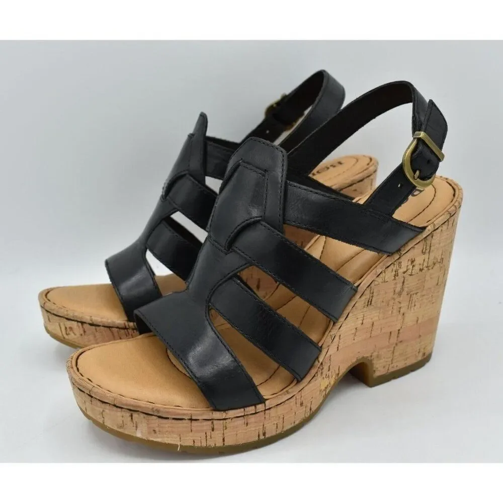 Born Womens Size 9 Bernese Cage Black Leather Wedge‎ Sandals Shoes
